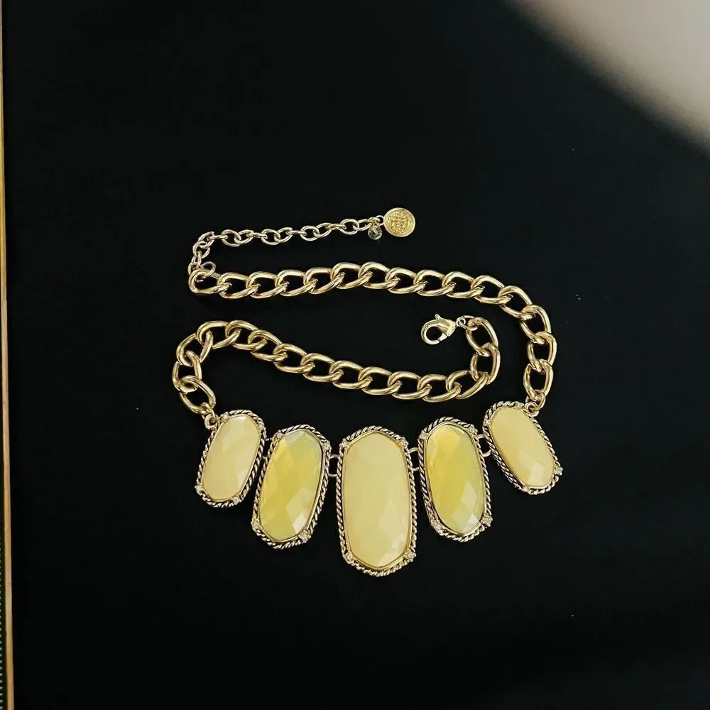 Baskin Brothers BB Mint Green￼ Yellow Tone Cabochon Necklace Bib Statement